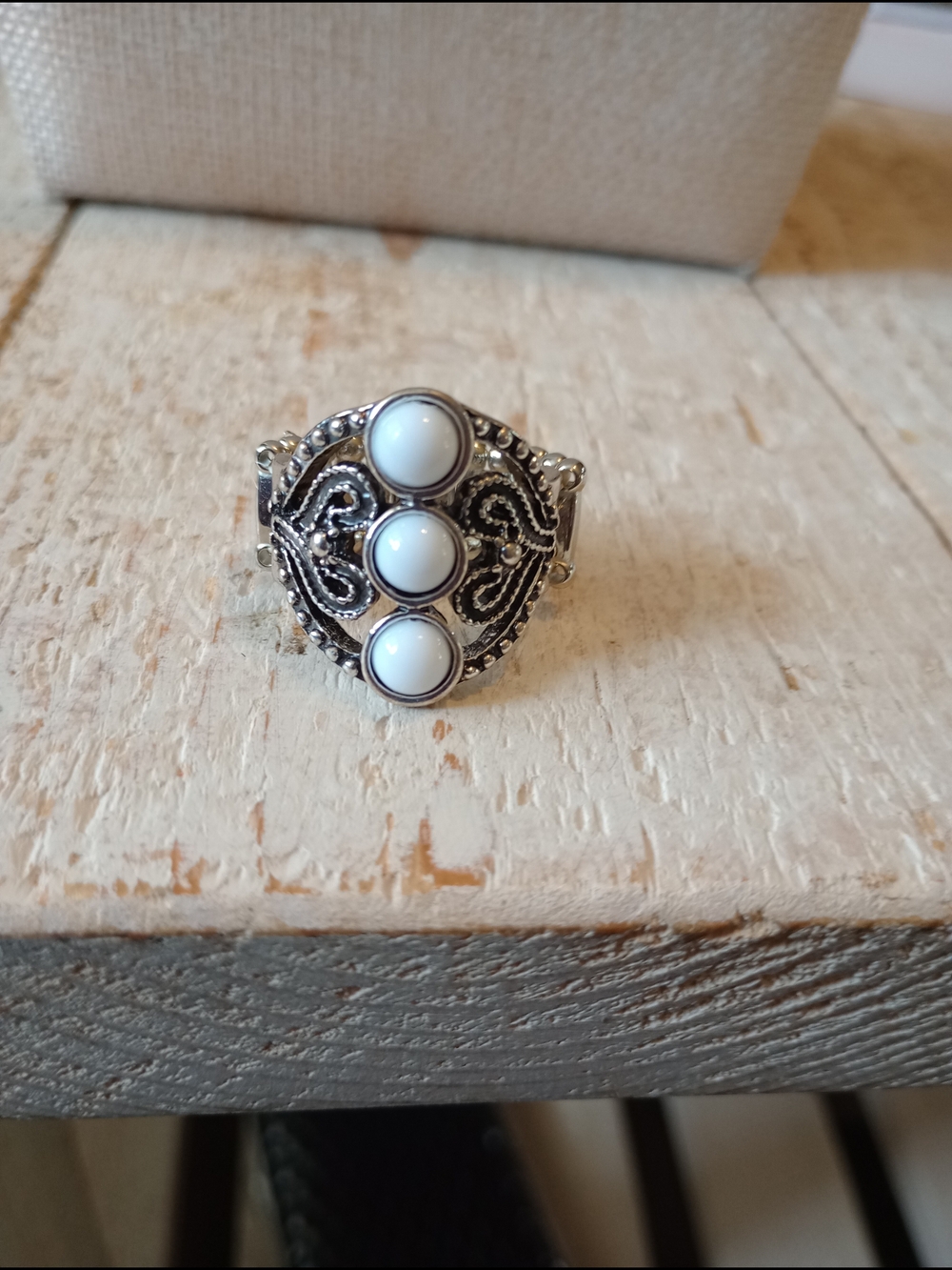 paparazzi Silver Filigree Ring with White Cabochon Trio